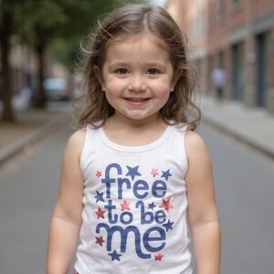 Kids Patriotic Free To Be Me Star Graphic Tank White Red Blue Summer Sleeveless